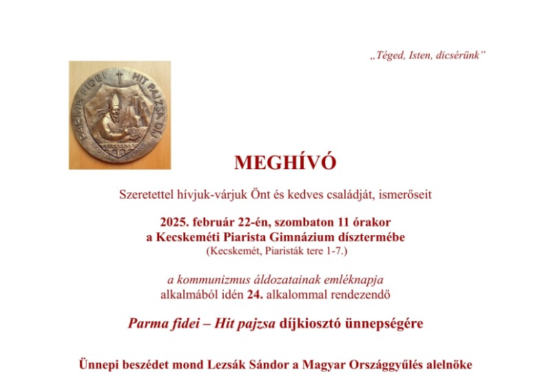 MEGHÍVÓ a Parma fidei – Hit pajzsa díjkiosztó ünnepségére
