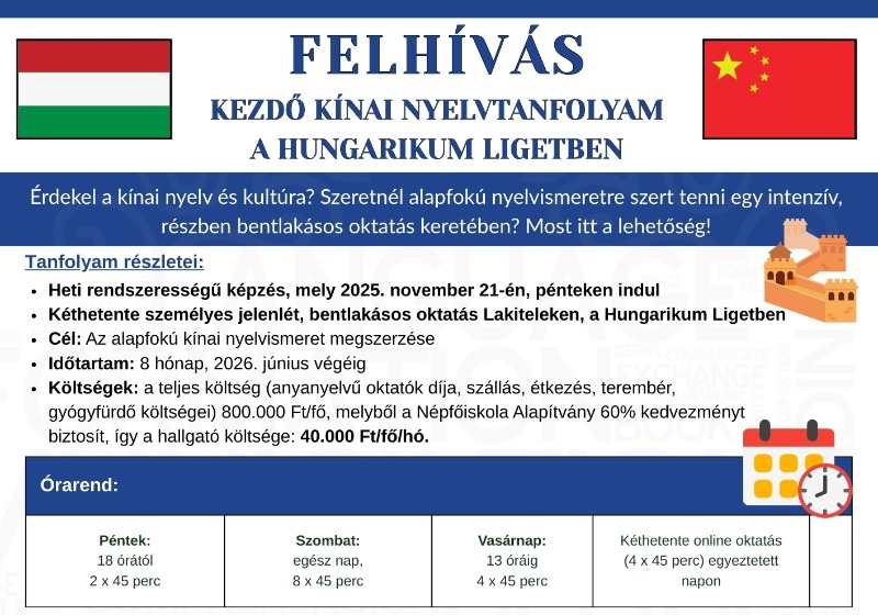 Kezdő kínai nyelvoktatás a Hungarikum Ligetben - Felhívás